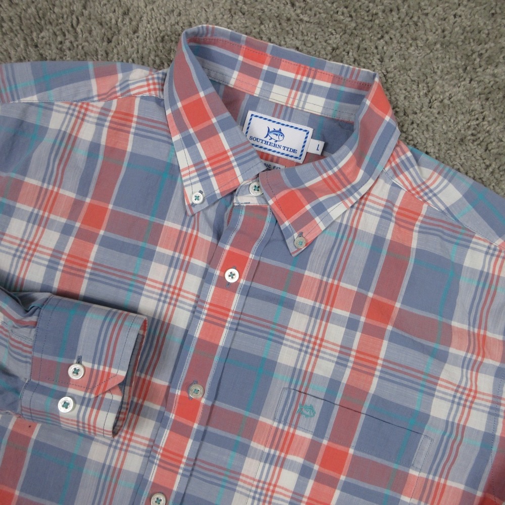 Southern Tide Shirt Mens Large Blue Red Plaid Classic Fit Cotton Fish Button Up